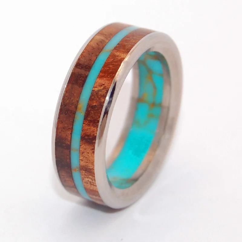 affordable promise rings -El Rey Dorado - The Golden King | Gold Webbed Turquoise, Koa Wood & Titanium Wedding Ring