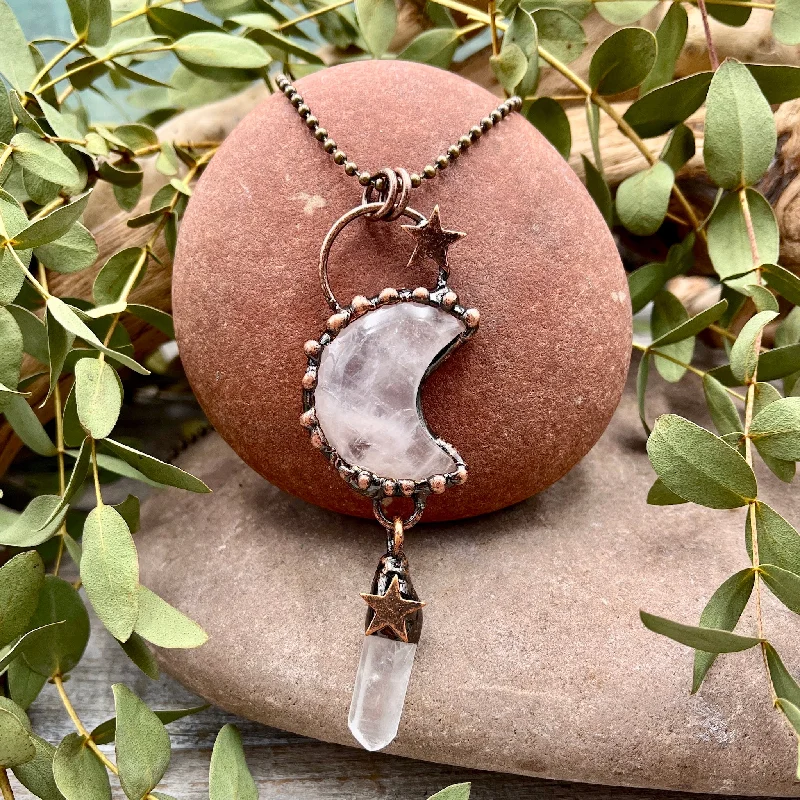 trendy gemstone necklaces for women -Quartz Moon Necklace with Quartz Drop