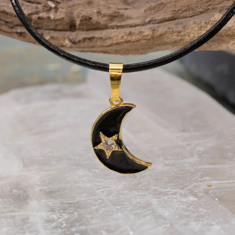 affordable silver necklaces -Crescent Moon Necklace w/ Star, Black or White