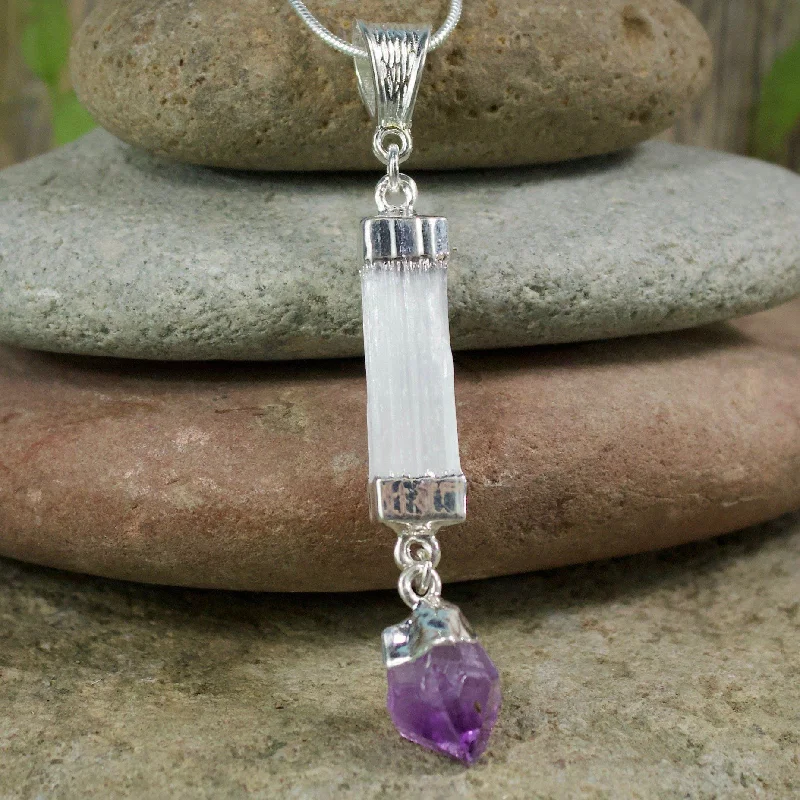 affordable gold necklaces for women -Selenite with Amethyst Dangle Necklace