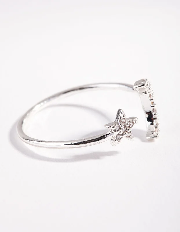 women’s wedding and engagement rings -Silver Cubic Zirconia Moon and Star Ring