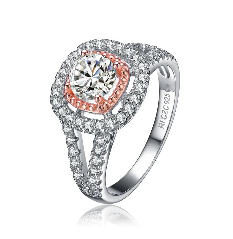 diamond engagement rings -GENEVIVE Sterling Silver Rose Gold Plated Cubic Zirconia Double Halo Ring