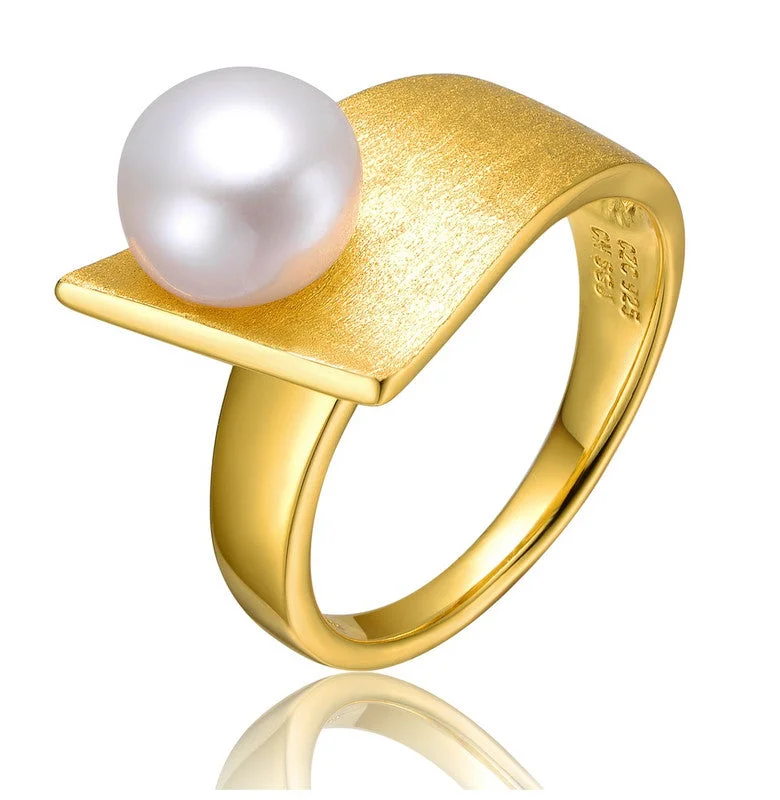 custom engagement rings -Sterling Silver 14k Yellow Gold Plated with Genuine Freshwater Pearl Linear Ring