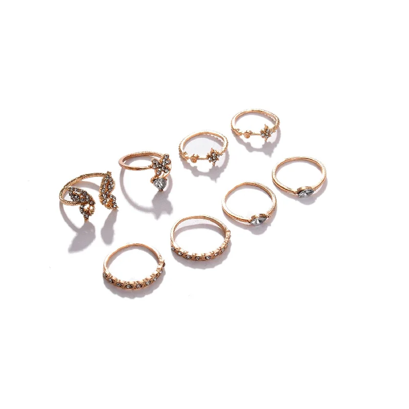 classic solitaire diamond engagement rings -Set Of 8 Gold-plated White Stone-studded Finger Rings