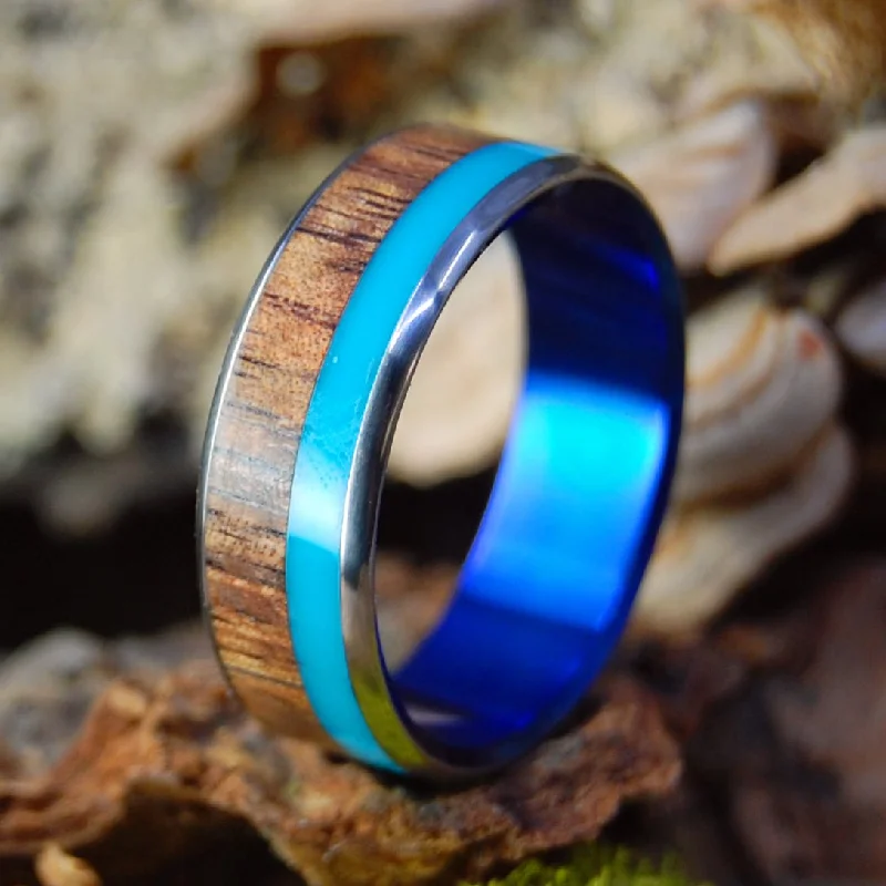 wedding band rings for women -Koa Turquoise Blue | Men's Turquoise Resin, Hawaiian Koa Wood & Titanium Wedding Ring