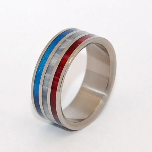 stylish rose gold rings -Patriot | Men's Gray Pearl Opalescent, Red & Blue Marbled Resin, & Titanium Wedding Ring