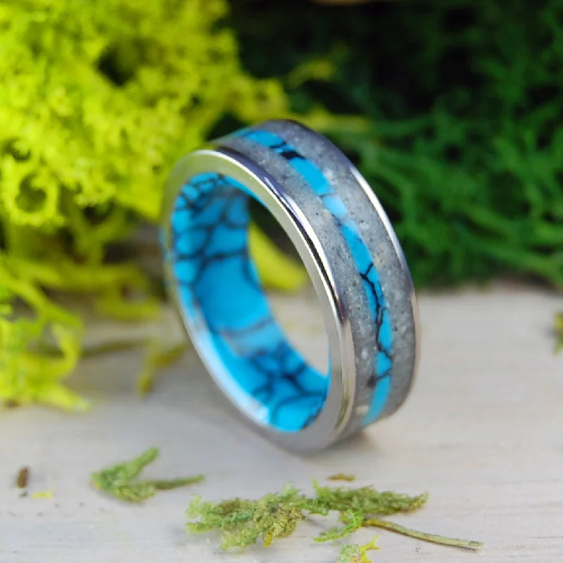 affordable luxury rings -Eternally Our Beach Without | Men's St. Augustine Beach Sand, Turquoise & Titanium Wedding Ring