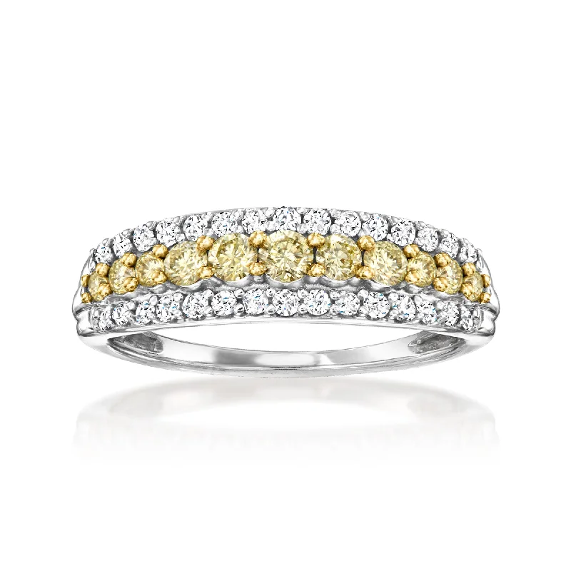 stackable engagement rings -Ross-Simons Yellow and White Diamond 3-Row Ring in 14kt White Gold