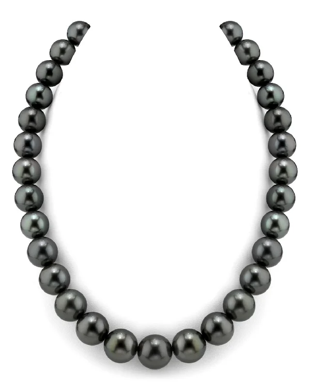 trendy gold chain necklaces -Dark Tahitian True Round Pearl Necklace, 12.0-14.0mm - AAAA Quality