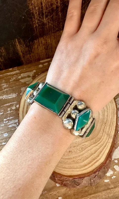 silver bangles for women -VINTAGE 1940s SILVER and Green Bracelet • 50g