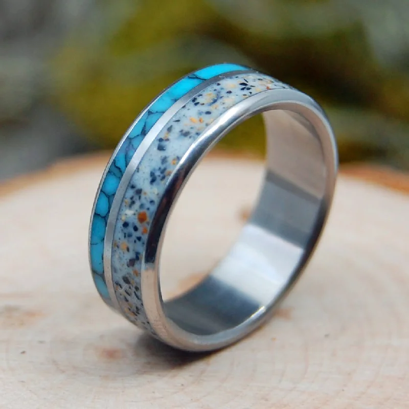 affordable promise rings -To Iceland With Love | Men's West Icelandic Beach Sand, Turquoise & Titanium Wedding Ring