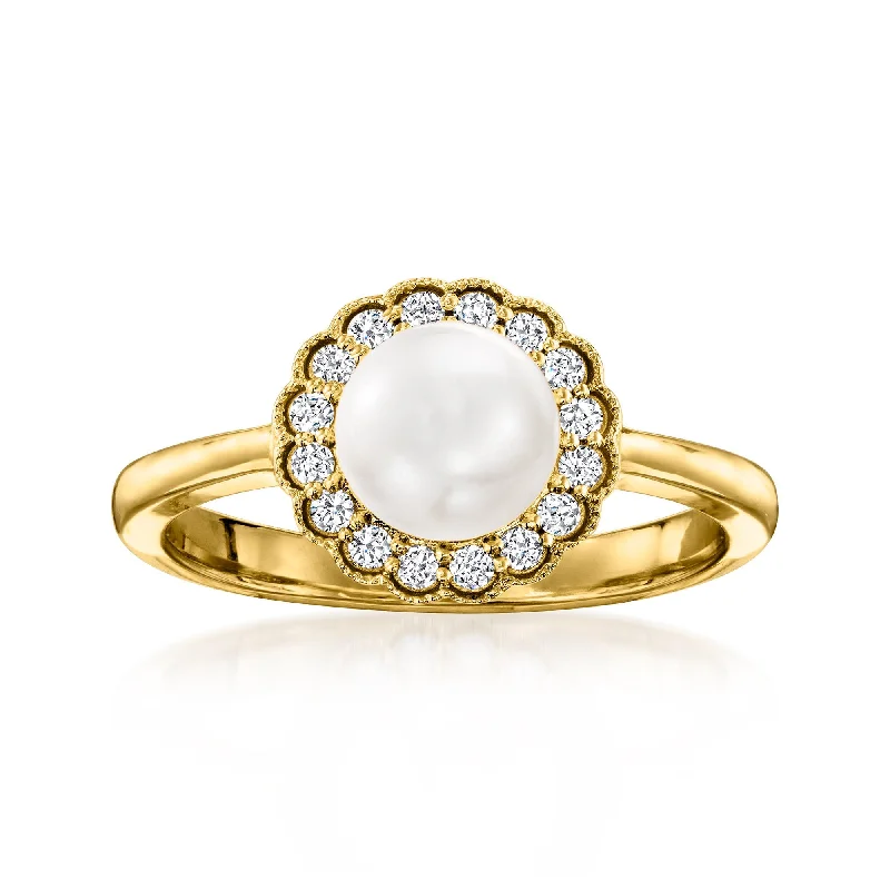 engagement rings with diamonds -Ross-Simons 6.5-7mm Cultured Pearl and . Diamond Ring in 14kt Yellow Gold