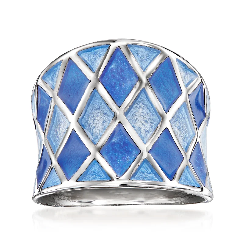 unique designer engagement rings -Ross-Simons Italian Blue Enamel Harlequin Ring in Sterling Silver