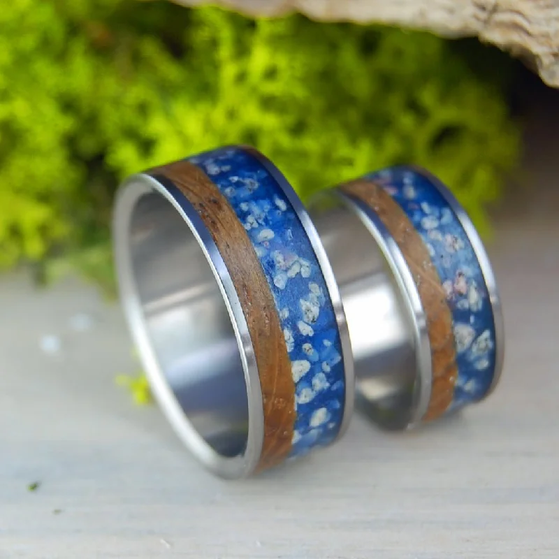 eternity rings for women -Okinawa Whiskey | Whiskey Barrel Wood And Okinawa Japan Beach Sand - Titanium Wedding Ring Set