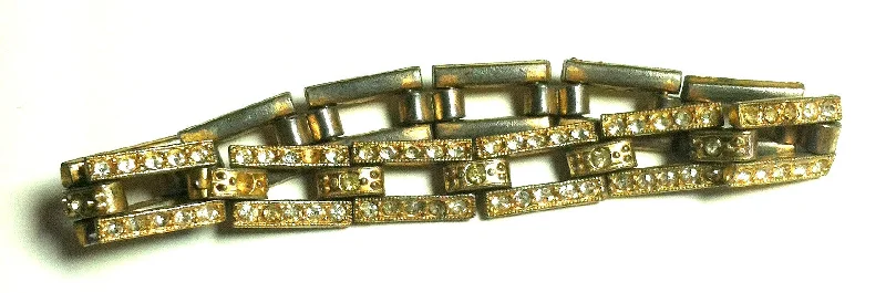 bracelet bangles for weddings -Deco Wide Link Goldplated Rhinestone Bracelet circa 1930s